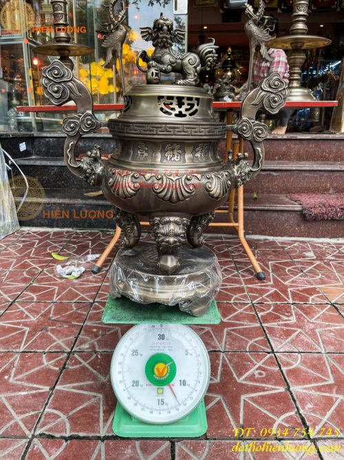 Bộ Ngũ Sự Đỉnh Sòi Cao 60cm Bằng Đồng Hun Giả Cổ