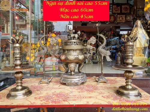 Bộ Ngũ Sự Đỉnh Sòi Cao 55cm Bằng Đồng Hai Công Nghệ