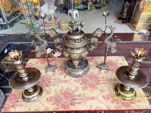 Bộ Ngũ Sự Đỉnh Sòi Cao 55cm Bằng Đồng Hai Công Nghệ
