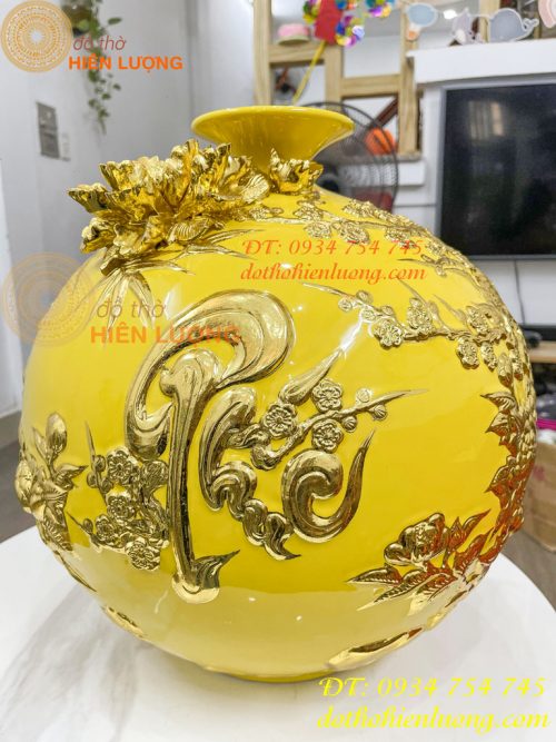 Bình Hút Lộc Thuận Buồm Gốm Bát Tràng Dát Vàng Cao 41cm