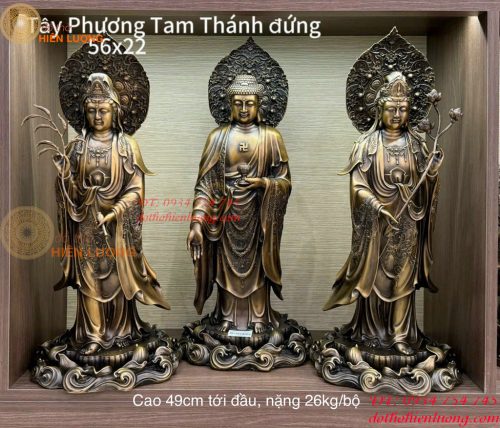 Bộ Tượng Tây Phương Tam Thánh Đứng Cao 56cm Bằng Đồng