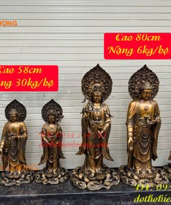Bộ Tây Phương Tam Thánh Phật Đứng Bằng Đồng Hun Cao 58cm Và 80cm