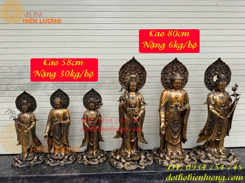 Bộ Tây Phương Tam Thánh Phật Đứng Bằng Đồng Hun Cao 58cm Và 80cm