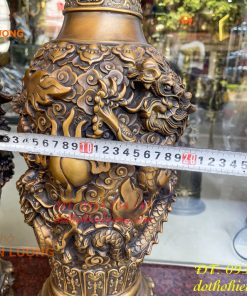 Đôi Lọ Lục Bình Song Long Chầu Nguyệt Đúc Nổi Bằng Đồng Hun Cao 56cm