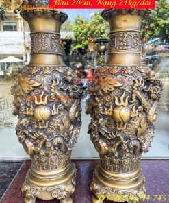Đôi Lọ Lục Bình Song Long Chầu Nguyệt Đúc Nổi Bằng Đồng Hun Cao 56cm
