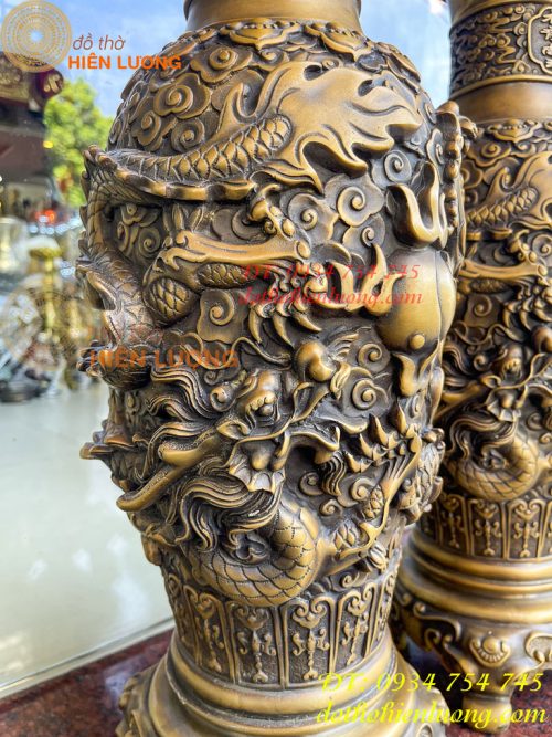 Đôi Lọ Lục Bình Song Long Chầu Nguyệt Đúc Nổi Bằng Đồng Hun Cao 56cm