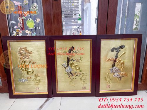 Bộ Tranh Phúc Lộc Thọ 50x70cm Bằng Đồng Liền Tấm Khung Nâu