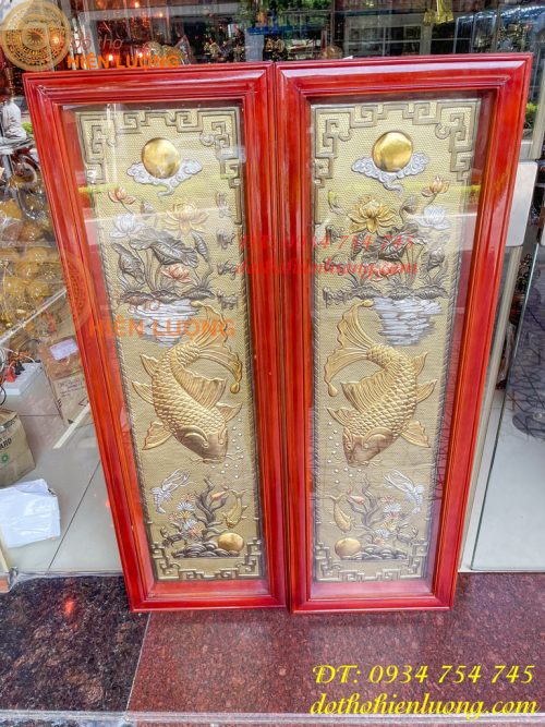 Tranh Lý Ngư Vọng Nguyệt Bằng Đồng Dát Vàng Bạc