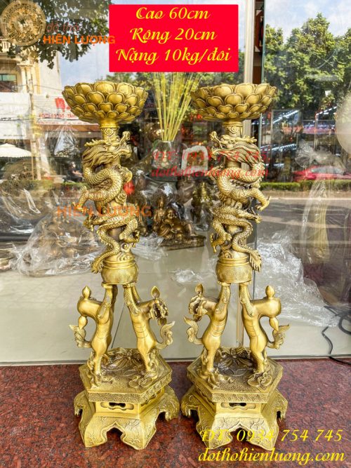 Đôi Chân Nến Nghê Đỡ Rồng Cuộn Bằng Đồng Cao 60cm