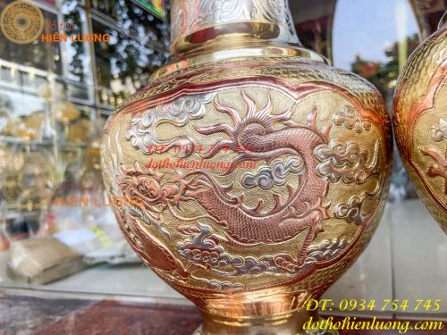 Đôi lục bình cát tút 100 thổi dáng củ tỏi mạ tam khí hoa văn tứ linh, Phúc Lộc