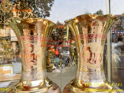 Đôi lục bình cát tút 100 thổi dáng củ tỏi mạ tam khí hoa văn tứ linh, Phúc Lộc