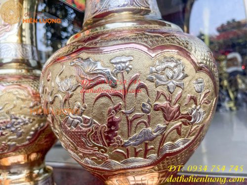 Đôi lục bình cát tút 100 thổi dáng củ tỏi mạ tam khí hoa văn tứ linh, Phúc Lộc