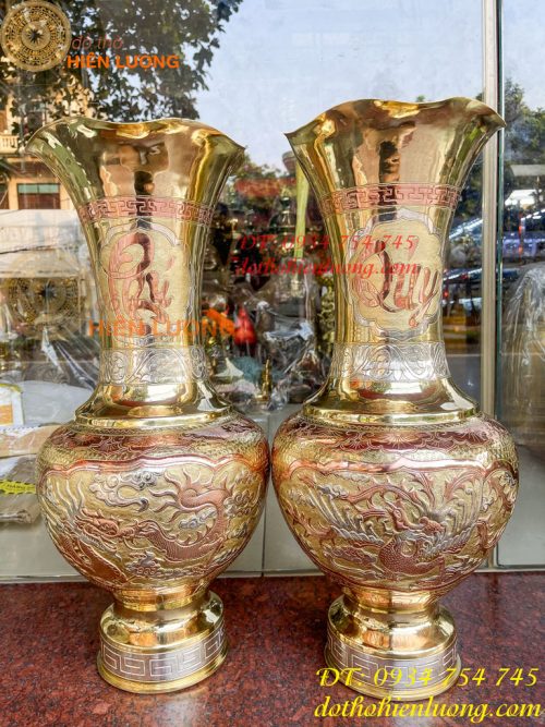 Đôi lục bình cát tút 100 thổi dáng củ tỏi mạ tam khí hoa văn tứ linh, Phúc Lộc