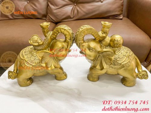 Đôi voi lưng chữ Phúc bằng đồng phong thủy, DxRxC 24x14x21cm