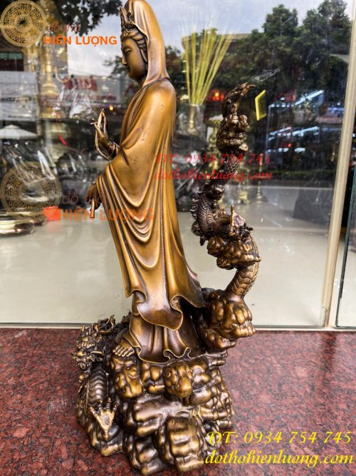 Tượng Phật Bà Quan Âm Đứng Rồng Bằng Đồng Hun Cao 50cm