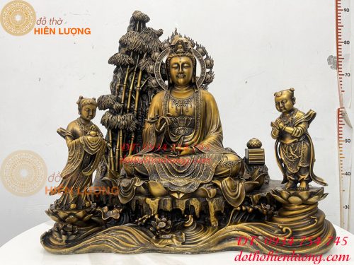 Tượng Quan Âm Và Tiên Đồng Ngọc Nữ Bằng Đồng Hun Cao 50cm