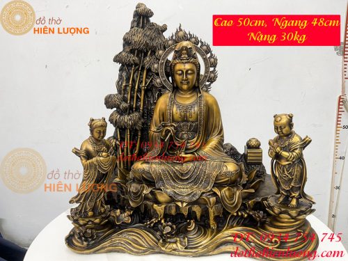 Tượng Quan Âm Và Tiên Đồng Ngọc Nữ Bằng Đồng Hun Cao 50cm