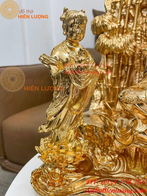 Tượng phật bà quan âm và tiên đồng ngọc nữ mạ vàng 24K