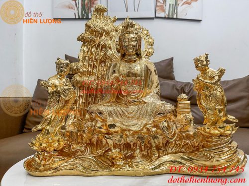 Tượng phật bà quan âm và tiên đồng ngọc nữ mạ vàng 24K