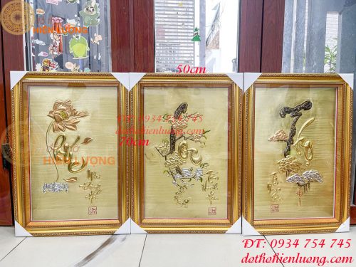 Bộ Tranh Phúc Lộc Thọ 50x70cm Bằng Đồng Liền Tấm Khung Vàng