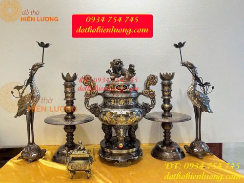 Ngũ Sự Đỉnh 60cm Bằng Đồng Khảm Ngũ Sắc