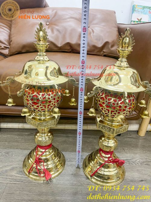 Đôi Đèn Thần Bằng Đồng Vàng Thờ Cúng Cao 60cm