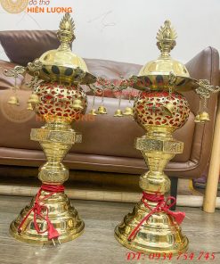 Đôi Đèn Thần Bằng Đồng Vàng Thờ Cúng Cao 60cm