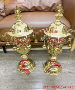 Đôi Đèn Thần Bằng Đồng Vàng Thờ Cúng Cao 60cm