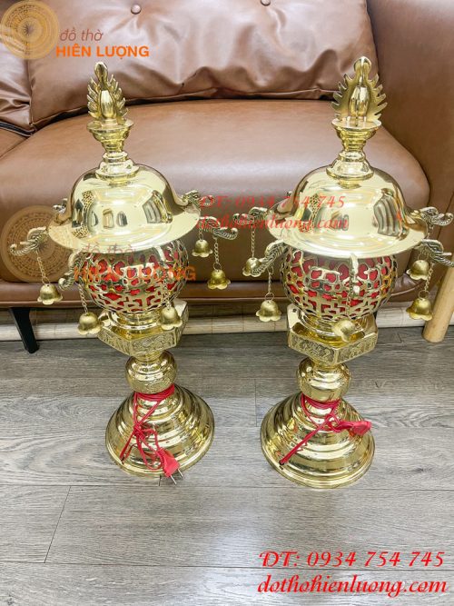 Đôi Đèn Thần Bằng Đồng Vàng Thờ Cúng Cao 60cm