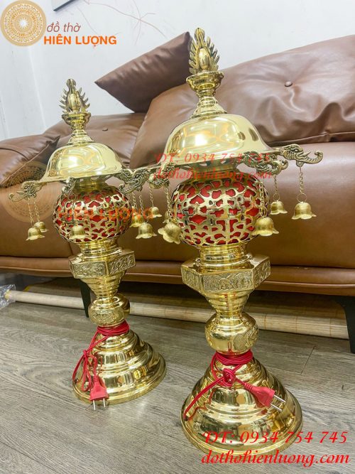 Đôi Đèn Thần Bằng Đồng Vàng Thờ Cúng Cao 60cm