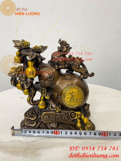 Tượng Tỳ Hưu Đứng Hồ Lô Ngũ Phúc Bằng Đồng Hun Cao 20cm