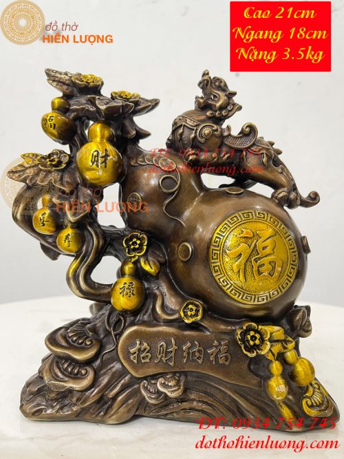 Tượng Tỳ Hưu Đứng Hồ Lô Ngũ Phúc Bằng Đồng Hun Cao 20cm