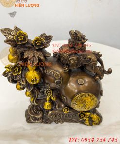 Tượng Tỳ Hưu Đứng Hồ Lô Ngũ Phúc Bằng Đồng Hun Cao 20cm