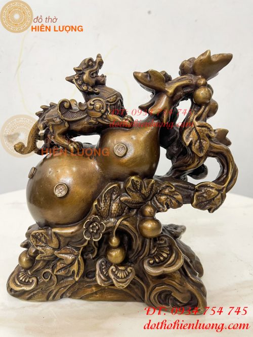 Tượng Tỳ Hưu Đứng Hồ Lô Ngũ Phúc Bằng Đồng Hun Cao 20cm