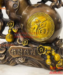 Tượng Tỳ Hưu Đứng Hồ Lô Ngũ Phúc Bằng Đồng Hun Cao 20cm