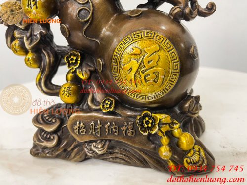 Tượng Tỳ Hưu Đứng Hồ Lô Ngũ Phúc Bằng Đồng Hun Cao 20cm