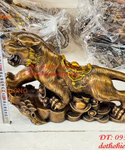 Tượng Hổ Gầm Đứng Bệ Tiền Tài Lộc Bằng Đồng Dài 48cm