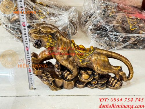 Tượng Hổ Gầm Đứng Bệ Tiền Tài Lộc Bằng Đồng Dài 48cm