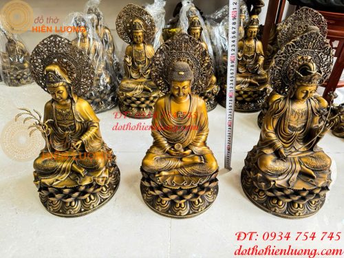 Bộ Tây Phương Tam Thánh Phật Ngồi Cao 45cm Bằng Đồng Hun