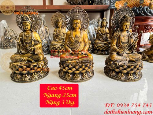 Bộ Tây Phương Tam Thánh Phật Ngồi Cao 45cm Bằng Đồng Hun