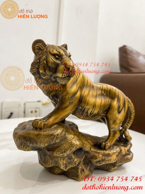 Tượng Hổ Đứng Vách Đá Bằng Đồng Hun Dài 22cm