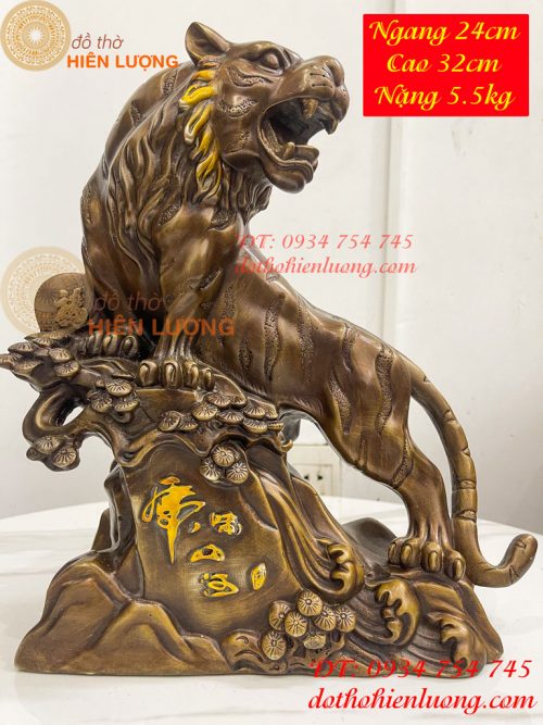 Tượng Hổ Đứng Bệ Đá Cây Tùng Bằng Đồng Hun Cao 32cm