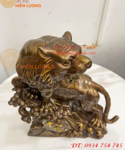 Tượng Hổ Đứng Bệ Đá Cây Tùng Bằng Đồng Hun Cao 32cm