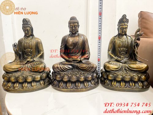 Bộ Tây Phương Tam Thánh Ngồi Cao 30cm Bằng Đồng Hun