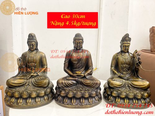 Bộ Tây Phương Tam Thánh Ngồi Cao 30cm Bằng Đồng Hun
