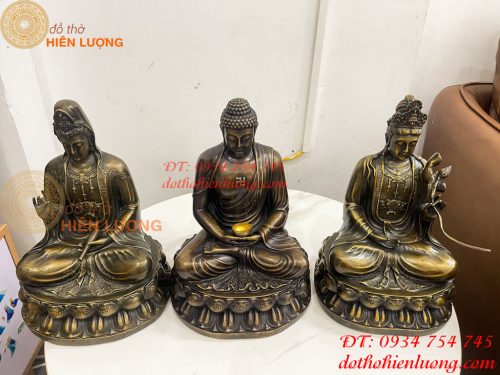 Bộ Tây Phương Tam Thánh Ngồi Cao 30cm Bằng Đồng Hun