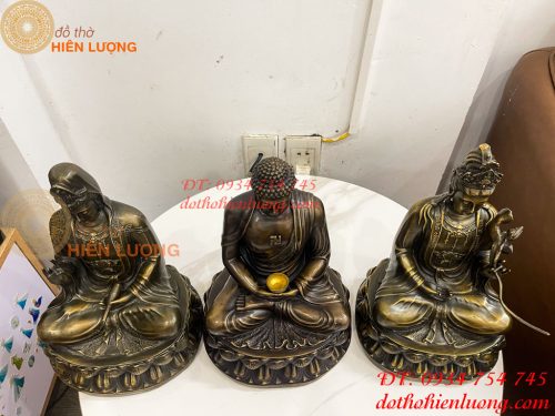 Bộ Tây Phương Tam Thánh Ngồi Cao 30cm Bằng Đồng Hun