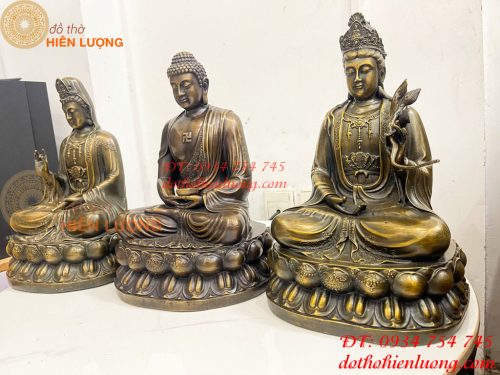 Bộ Tây Phương Tam Thánh Ngồi Cao 30cm Bằng Đồng Hun