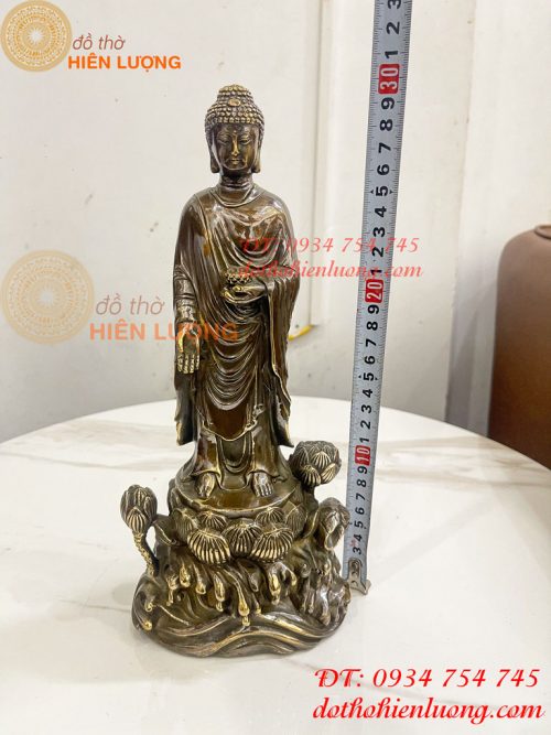 Tượng Phật Thích Ca Đứng Đài Sen Bằng Đồng Hun Cao 30cm