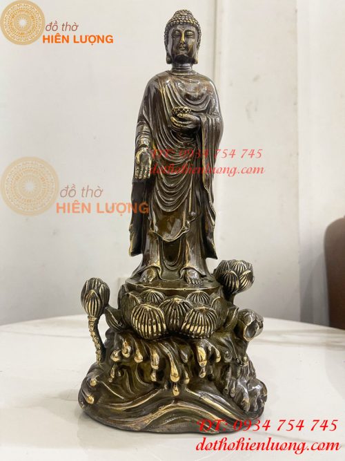 Tượng Phật Thích Ca Đứng Đài Sen Bằng Đồng Hun Cao 30cm